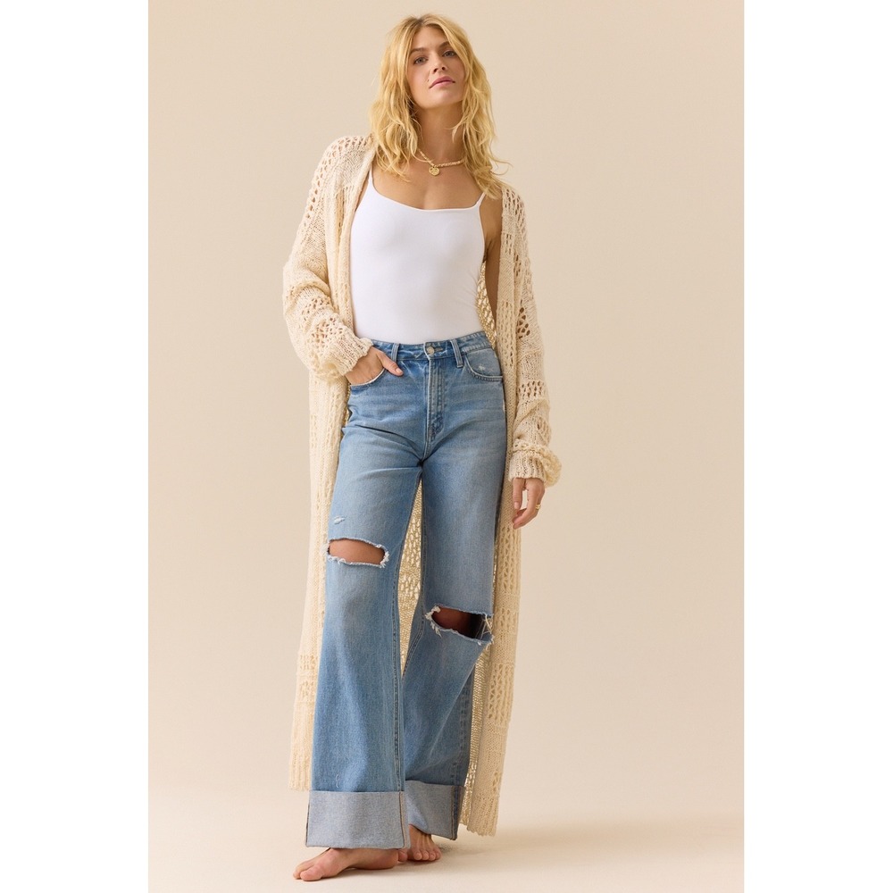 Altar'd State Sydney Duster Cardigan Natural Open Knit Pointelle Size 2XL